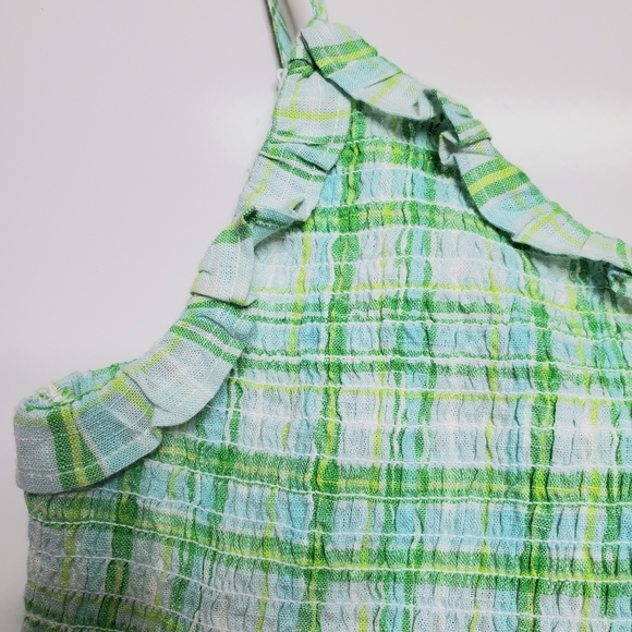COTTON ON Plaid Green Crop Shirred Top Blouse Cotton Ruffle Size Medium Summer - Picture 2 of 8